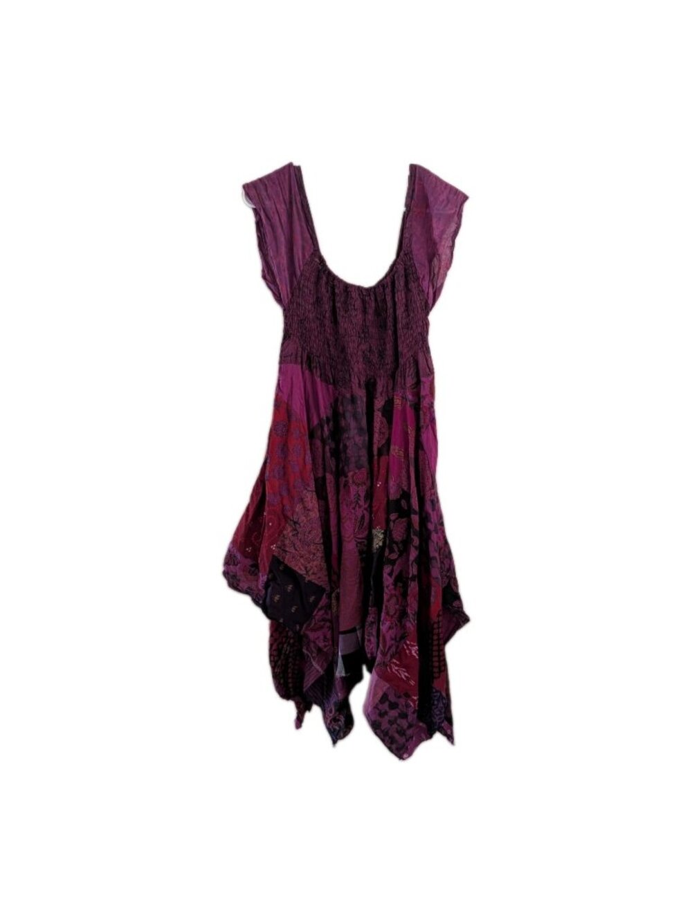Boho Patchwork Smocked Midi Dress Womens One Size Purple Hanky Hem Whimsygoth